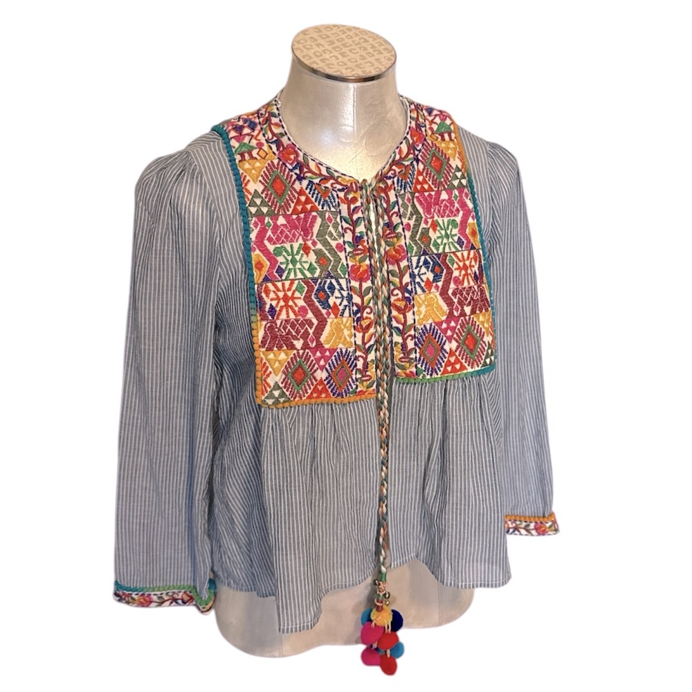 Zara Woman Boho Embroidered Striped Top/light jacket with colorful Pom Poms XS